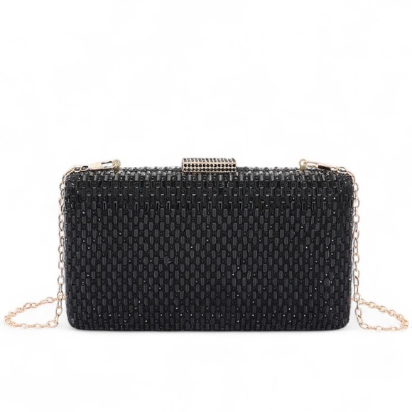 Black Beaded Evening Clutch – Formal Wedding Party Bag with Gold Chain NWT - Picture 1 of 15